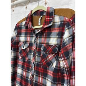 Women Red Black Plaid Button Down Shirt Suede Yoke Roll Tab Sleeve Large Western